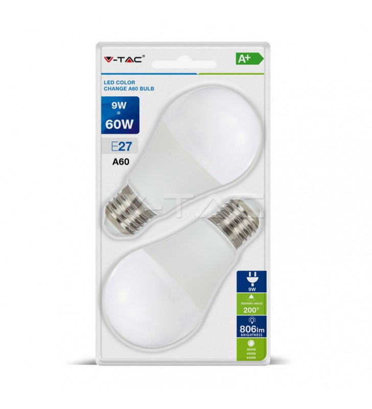VTAC VT-2149 Lampadina LED E27 9W A60 cambia colore caldo/naturale/freddo  (Blister 2 Pezzi)